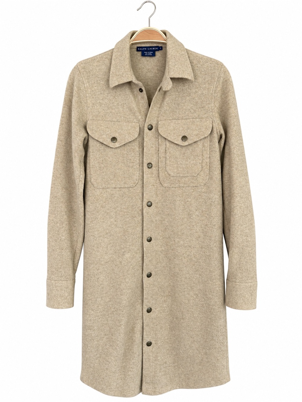 Ralph Lauren Wool Shirt Dress Suede Elbow Patch Utility Equestrian S Camel